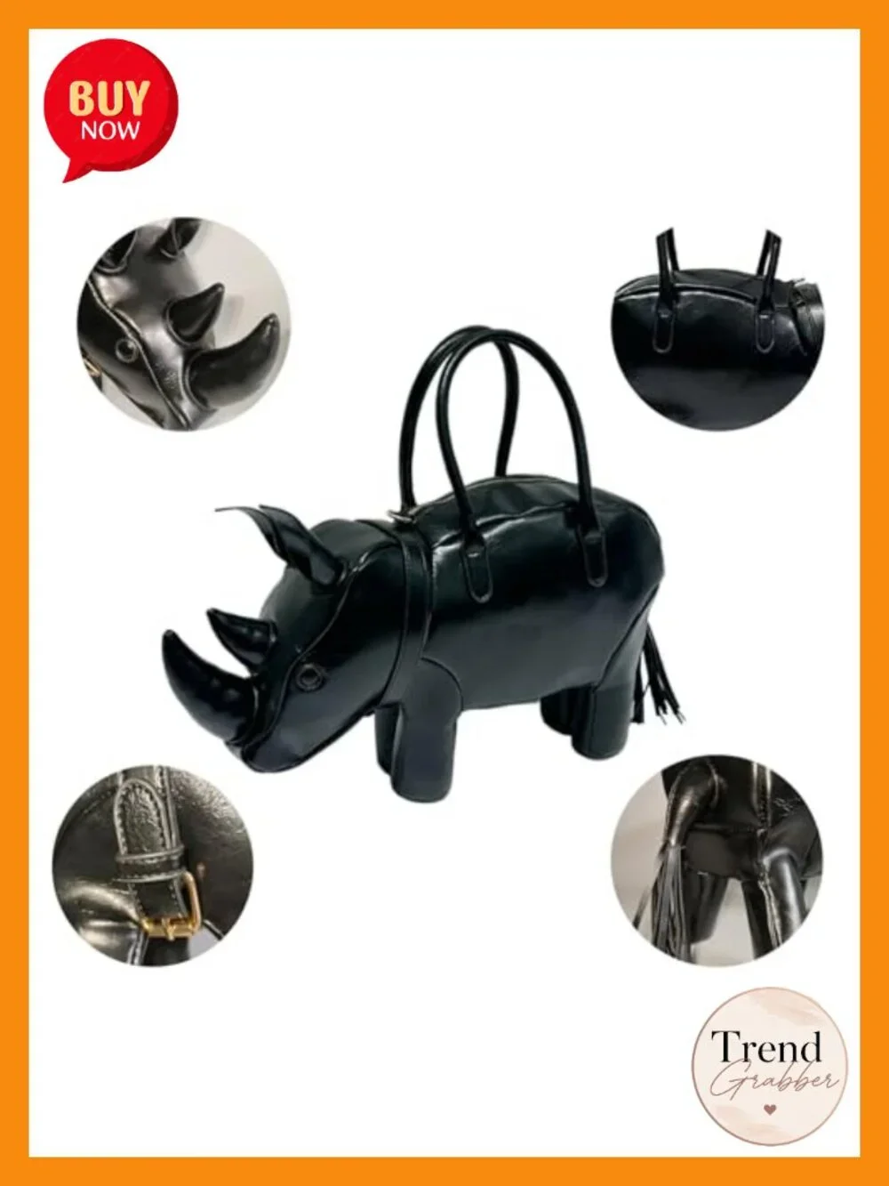 PVC Rhino Shaped Crossbody Handbag Purse - Detachable Strap - Animal Novelty